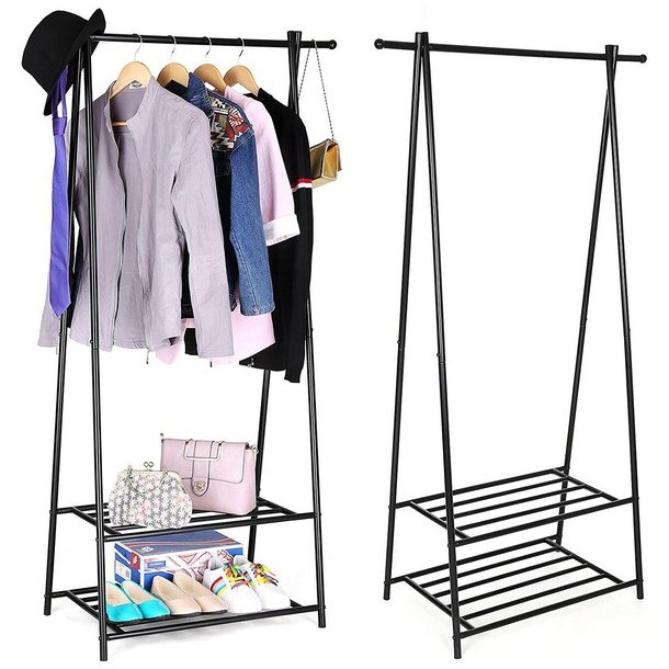 T�jstativ med hylder i sort metal - t�jstang med 2 skohylder