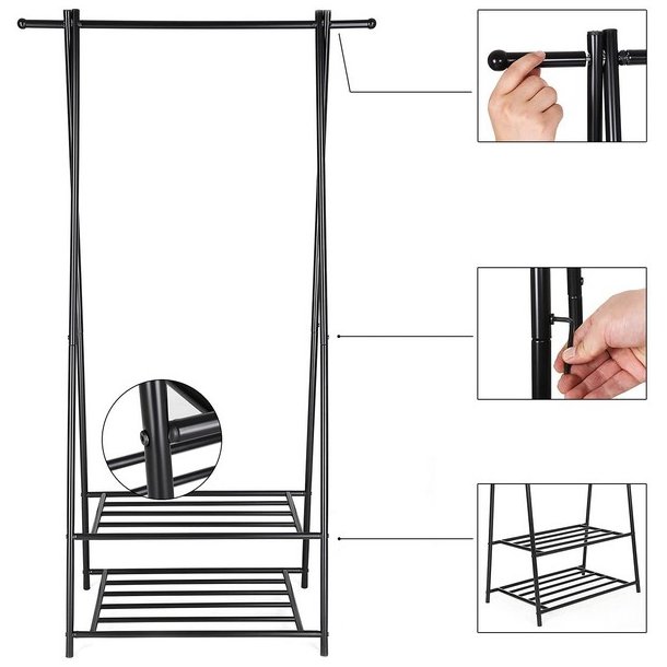 T�jstativ med hylder i sort metal - t�jstang med 2 skohylder