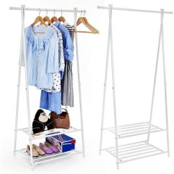 T�jstativ med hylder i hvid metal - t�jstang med 2 skohylder