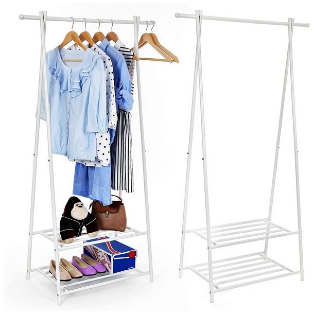 T�jstativ med hylder i hvid metal - t�jstang med 2 skohylder