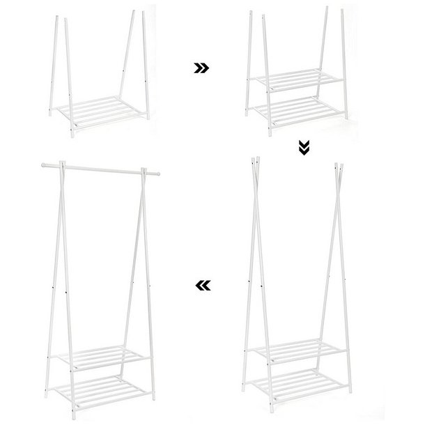 T�jstativ med hylder i hvid metal - t�jstang med 2 skohylder