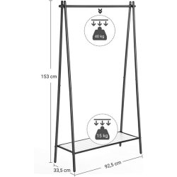 T�jstativ med hylde i sort metal - t�jstang med skohylde