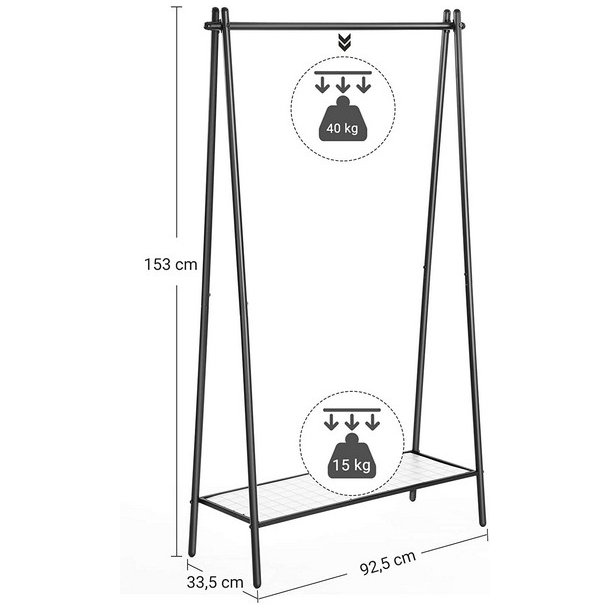 T�jstativ med hylde i sort metal - t�jstang med skohylde