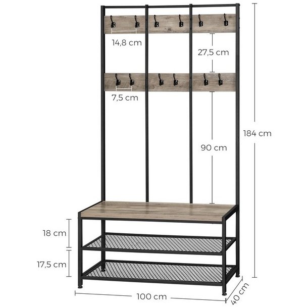Garderobestativ med knager�kker og 2 skohylder - gr� beige