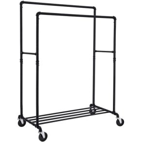 T�jstativ i vandr�r look med hjul, hylde og dobbelt t�jstang