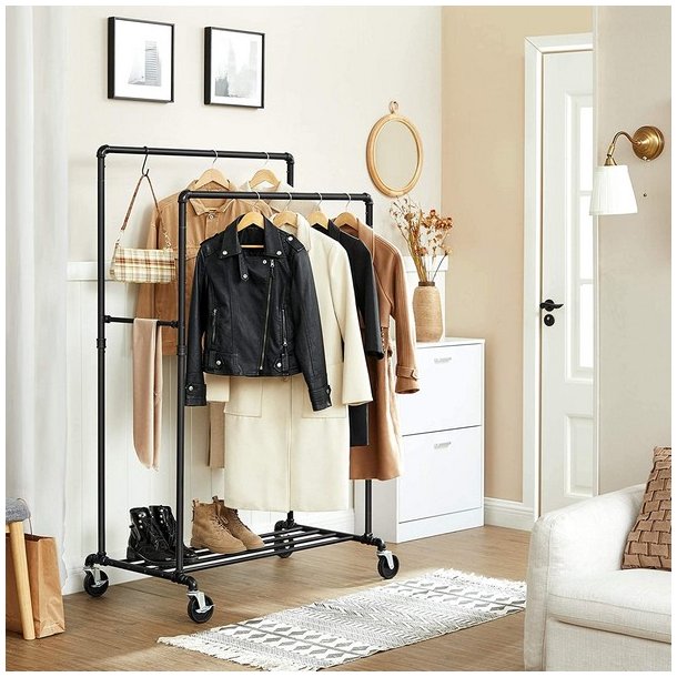 T�jstativ i vandr�r look med hjul, hylde og dobbelt t�jstang