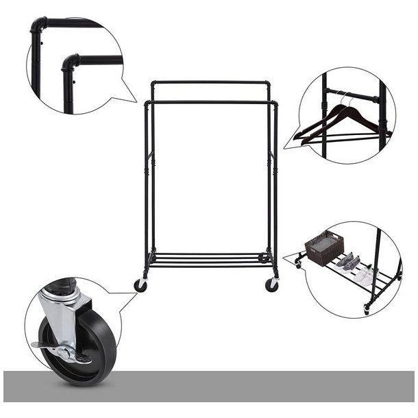 T�jstativ i vandr�r look med hjul, hylde og dobbelt t�jstang