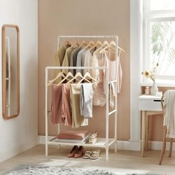 Garderobestativ - tjstativ med hylde og dobbelt tjstang - hvid