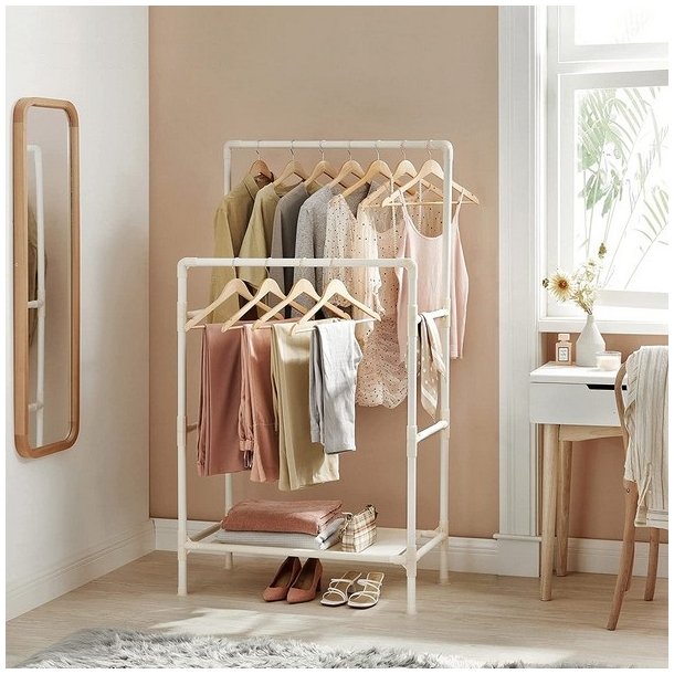 Garderobestativ - tjstativ med hylde og dobbelt tjstang - hvid