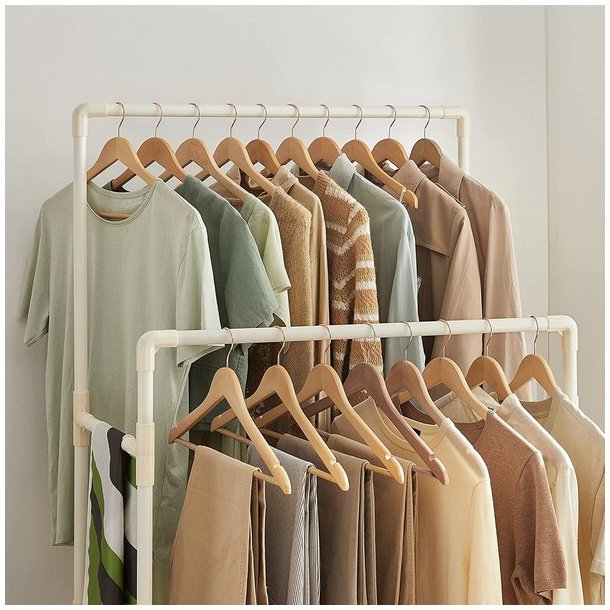 Garderobestativ - tjstativ med hylde og dobbelt tjstang - hvid