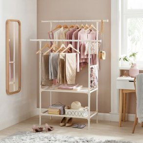 Garderobestativ - t�jstativ med hylde og dobbelt t�jstang - hvid