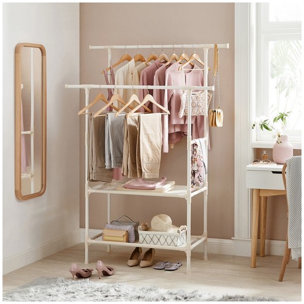 Garderobestativ - tjstativ med hylde og dobbelt tjstang - hvid