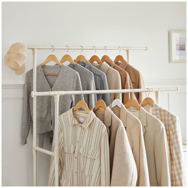 Garderobestativ - tjstativ med hylde og dobbelt tjstang - hvid