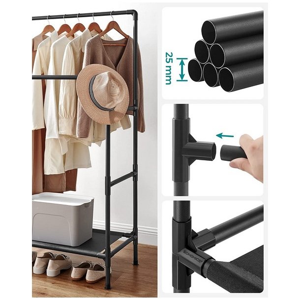 T�jstativ i vandr�r look med hylde og dobbelt t�jstang - sort