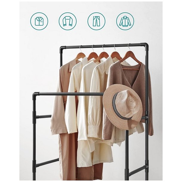 T�jstativ i vandr�r look med hylde og dobbelt t�jstang - sort