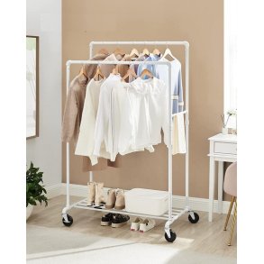 T�jstativ i vandr�r look med hjul, hylde og dobbelt t�jstang