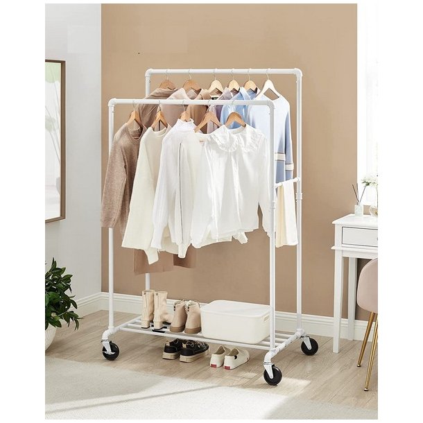 T�jstativ i vandr�r look med hjul, hylde og dobbelt t�jstang