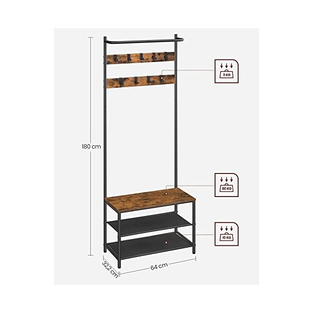 Garderobestativ med knager�kker og 2 skohylder - rustik brun