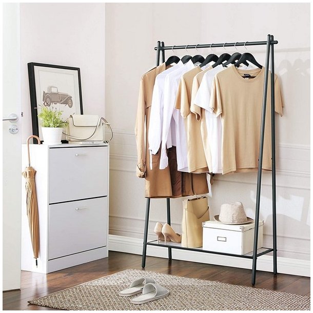 T�jstativ med hylde i sort metal - t�jstang med skohylde