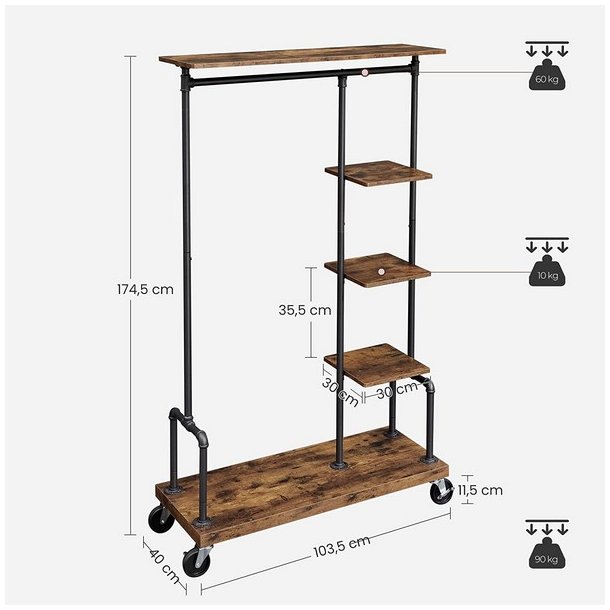 T�jstativ p� hjul - t�jstativ med hylder, skohylde og t�jstang
