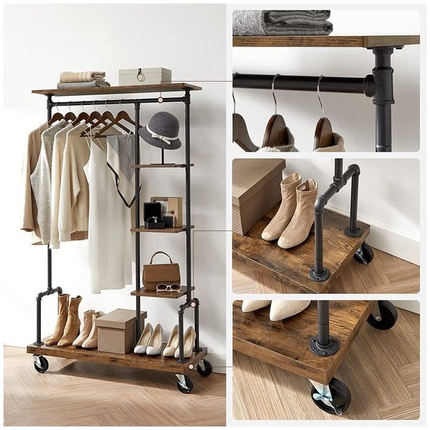 T�jstativ p� hjul - t�jstativ med hylder, skohylde og t�jstang