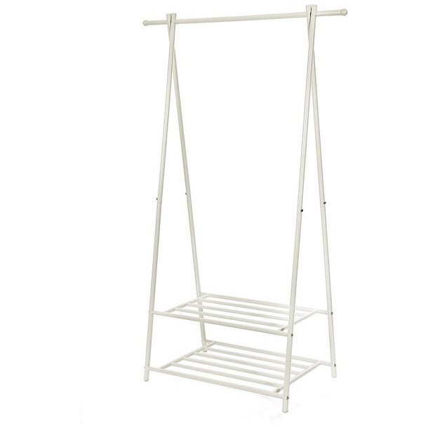 T�jstativ med hylder i hvid metal - t�jstang med 2 skohylder