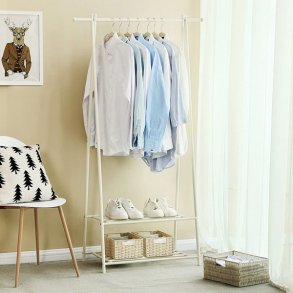 T�jstativ med hylder i hvid metal - t�jstang med 2 skohylder