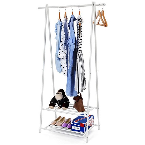 T�jstativ med hylder i hvid metal - t�jstang med 2 skohylder