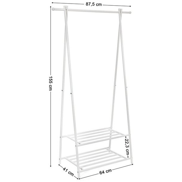 T�jstativ med hylder i hvid metal - t�jstang med 2 skohylder
