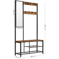 Garderobestativ med bnk og spejl - tjstativ - rustik brun