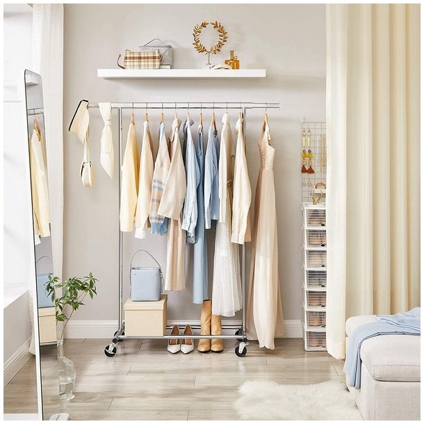 T�jstativ p� 4 hjul - kraftig krom garderobestativ til 90 kg