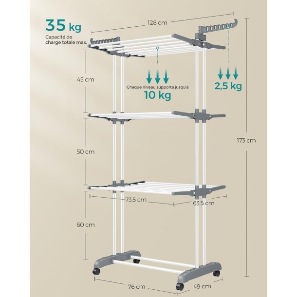 T�rrestativ til vasket�j - foldbart med vinger - hvid