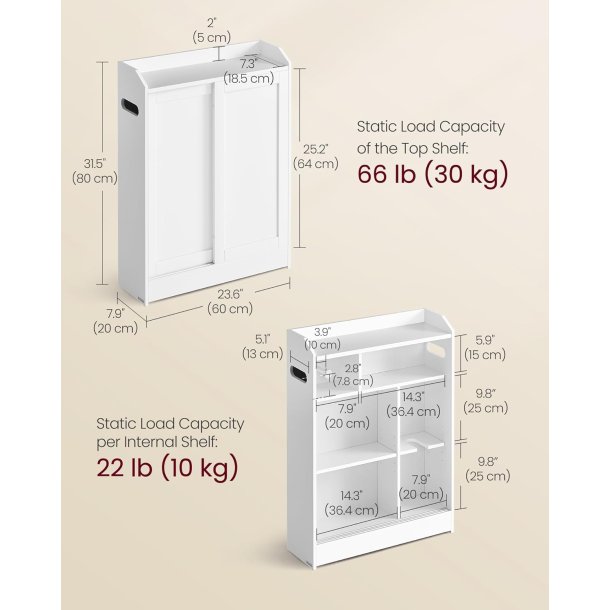 Badevrelsesskab - toiletskab - opbevaringsskab - hvid 20x60x80