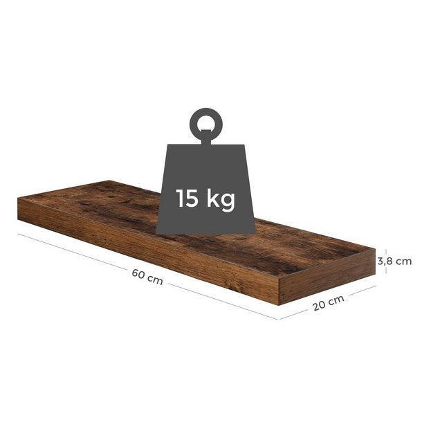 Hylde i tr� - v�gh�ngt tr�hylde - rustik brun v�ghylde 60 x 20 cm