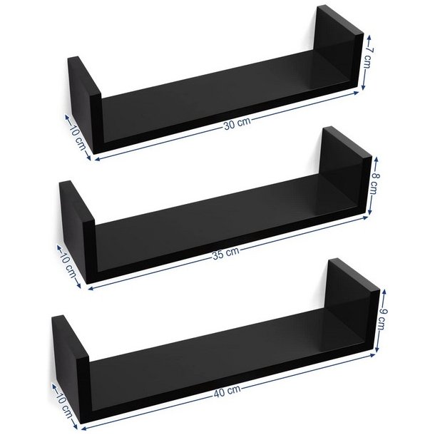 Hylder i tr� - 3 v�gh�ngte sv�vende tr�hylder - sorte v�ghylder