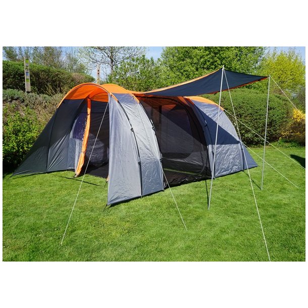 Campingtelt - 6 personers tunneltelt til camping - delbart orange telt