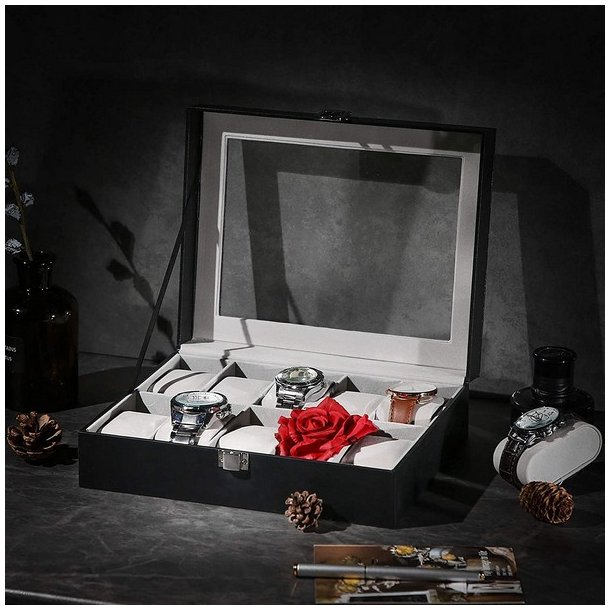 Urboks i kunstl�der - display�ske til 10 ure - sort urkasse