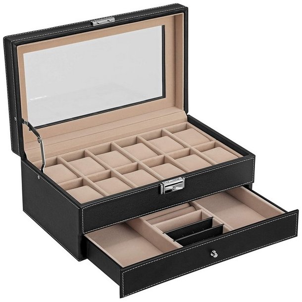 Urboks i kunstl�der - display�ske til 12 ure - smykkeskrin - sort