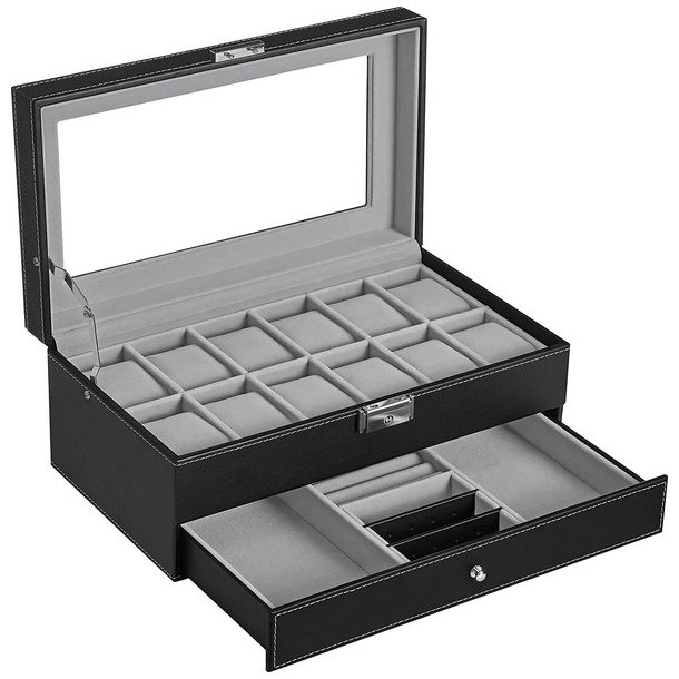 Urboks i kunstl�der - display�ske til 12 ure - smykkeskrin - sort