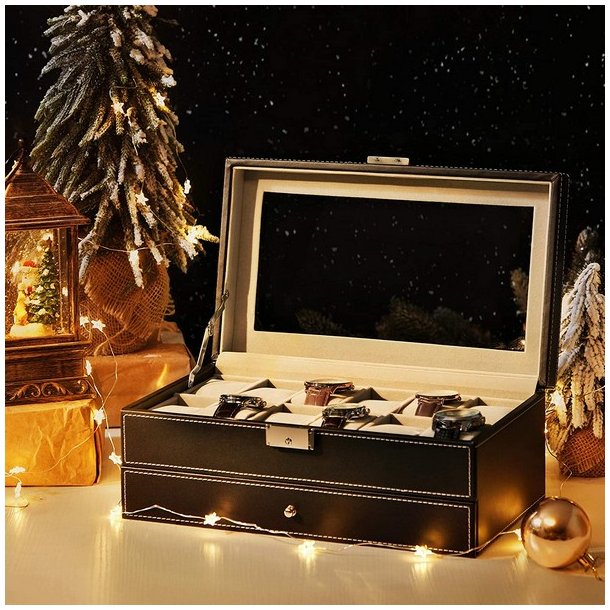 Urboks i kunstl�der - display�ske til 12 ure - smykkeskrin - sort