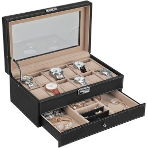 Urboks i kunstl�der - display�ske til 12 ure - smykkeskrin - sort