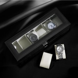 Urboks i kunstl�der - display�ske til 6 ure - sort urkasse