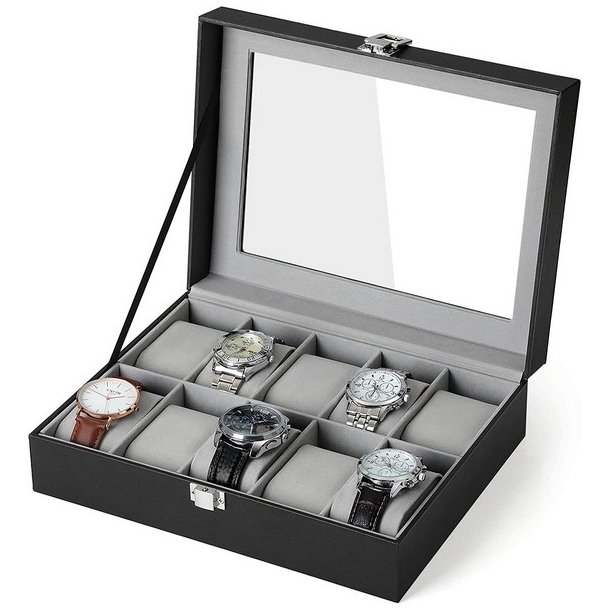 Urboks i kunstl�der - display�ske til 10 ure - sort urkasse