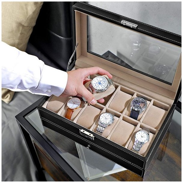 Urboks i kunstl�der - display�ske til 12 ure - smykkeskrin - sort
