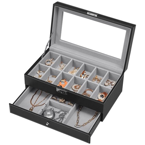 Urboks i kunstl�der - display�ske til 12 ure - smykkeskrin - sort