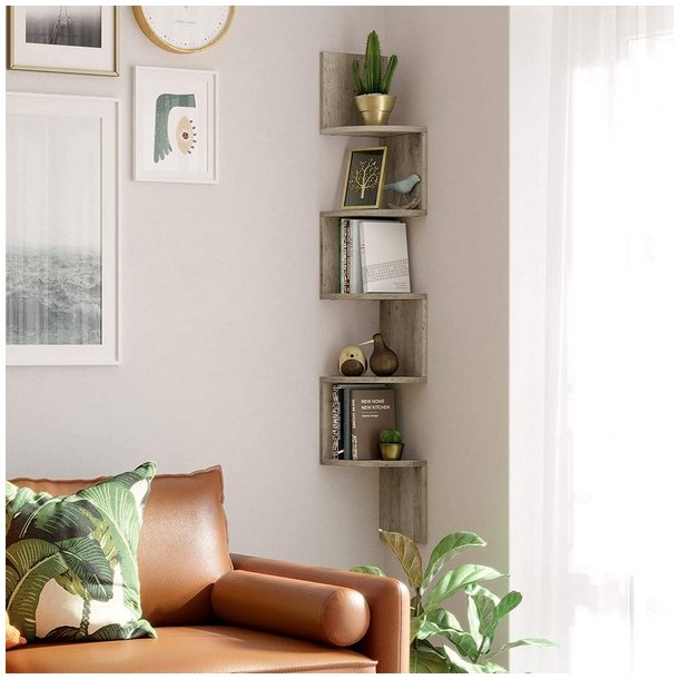 Hjrnereol - vghngt bogreol med 5 hylder - gr beige reol