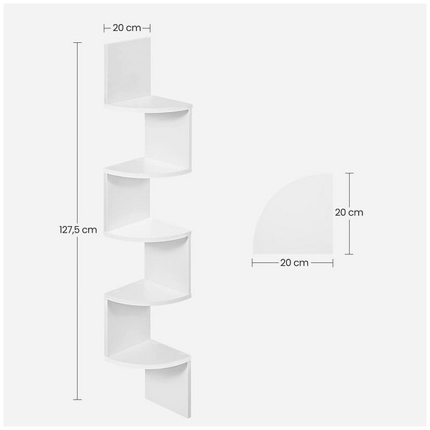 Hjrnereol - vghngt bogreol med 5 hylder - hvid reol