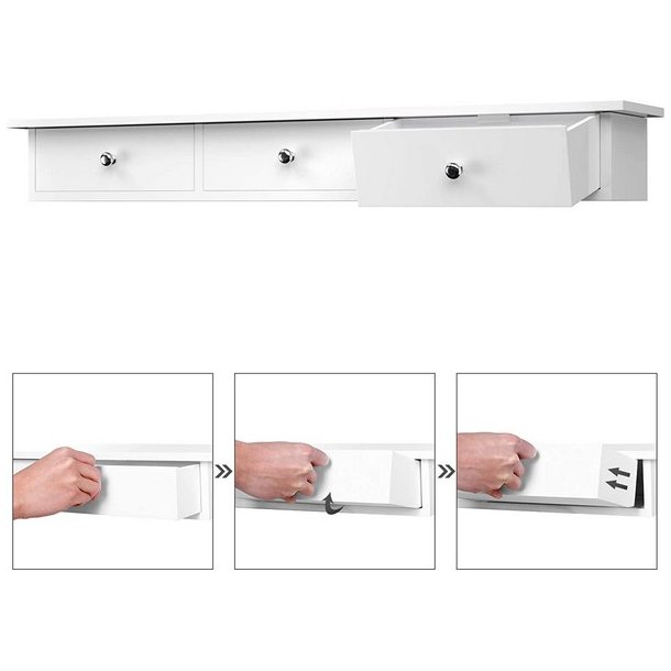 V�ghylde - hvid hylde i tr� med 3 skuffer - 80 x 15 x 10 cm