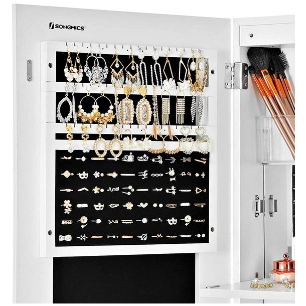 Smykkeskab med LED-lys - v�gh�ngt spejlskab til d�r - hvid