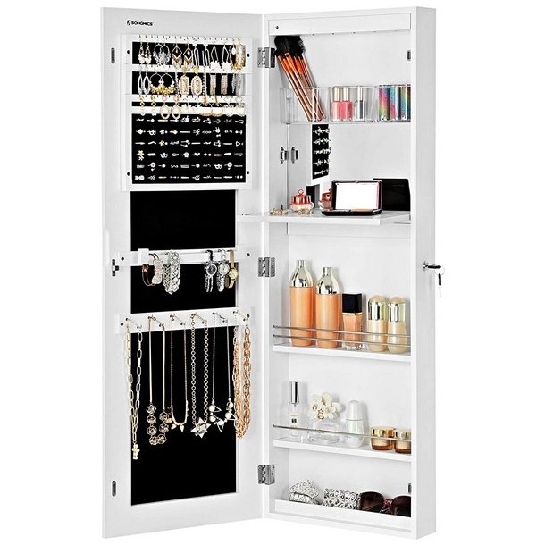 Smykkeskab med LED-lys - v�gh�ngt spejlskab til d�r - hvid